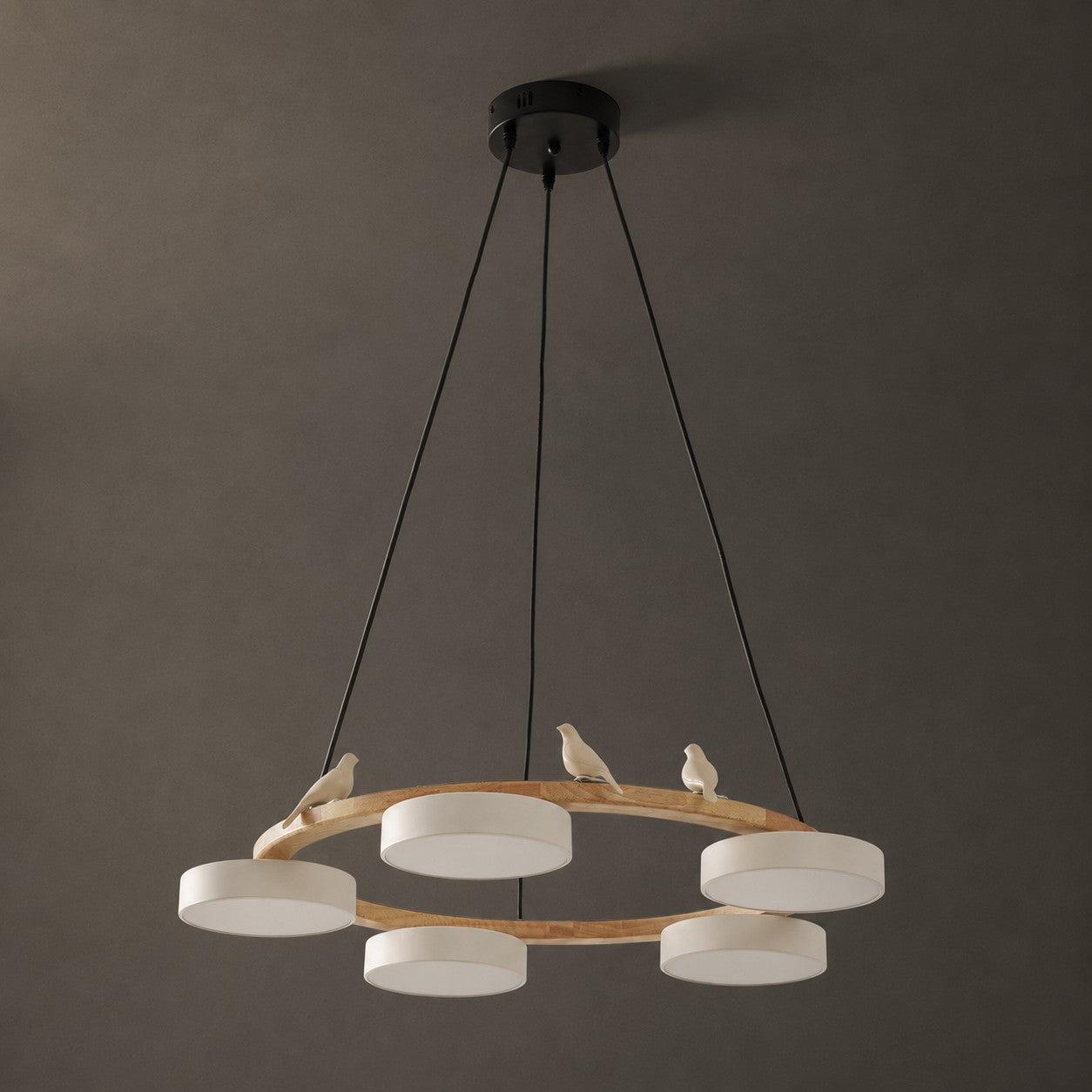 Round Wood Chandelier with Bird Figurines LED Dimmable Dining Room