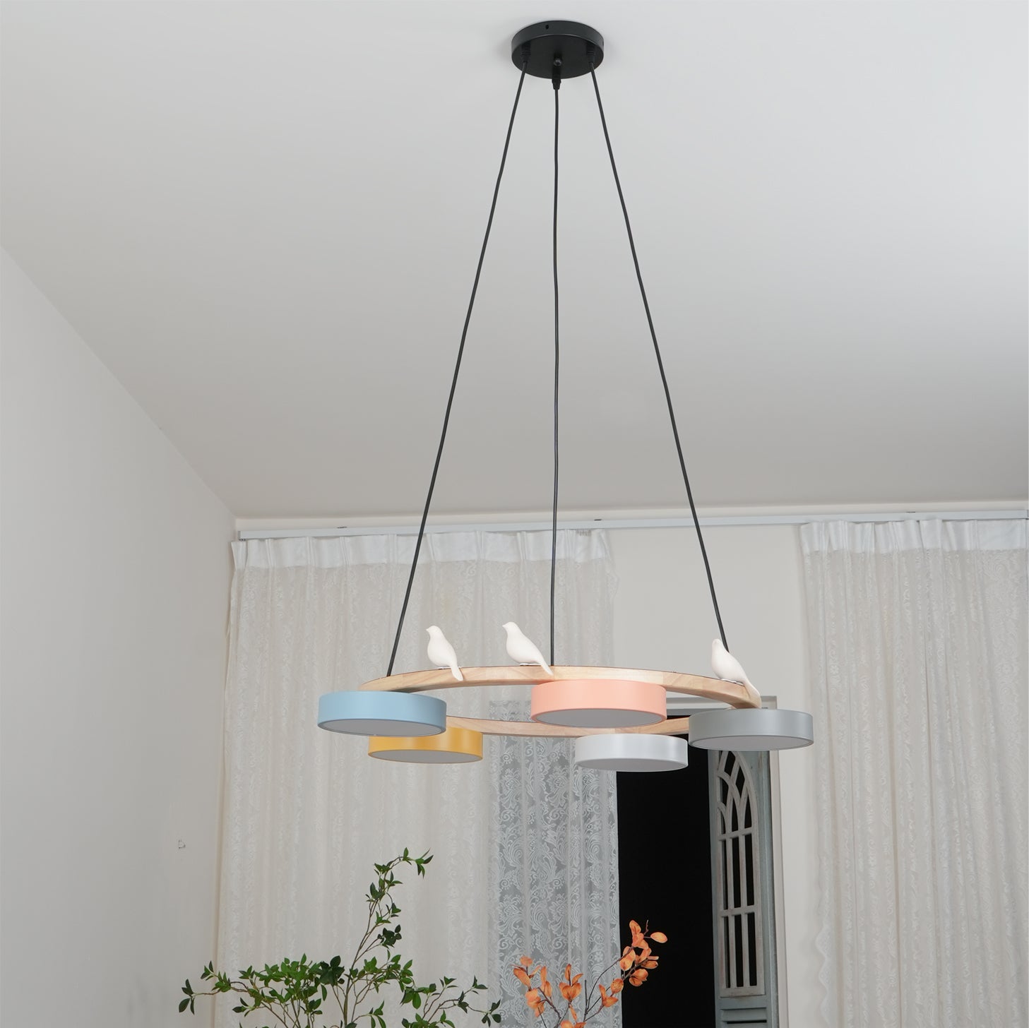 Round Wood Chandelier with Bird Figurines LED Dimmable Dining Room