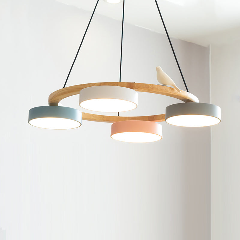 Round Wood Chandelier with Bird Figurines LED Dimmable Dining Room