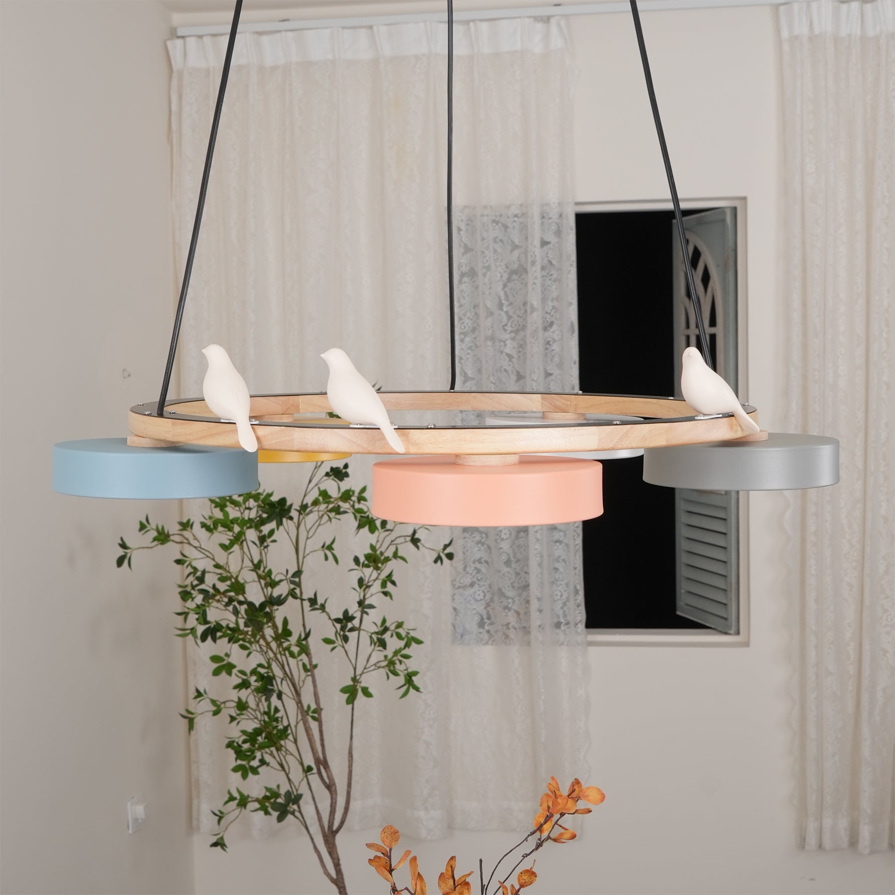 Round Wood Chandelier with Bird Figurines LED Dimmable Dining Room