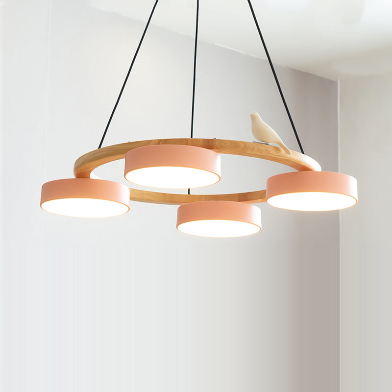 Round Wood Chandelier with Bird Figurines LED Dimmable Dining Room