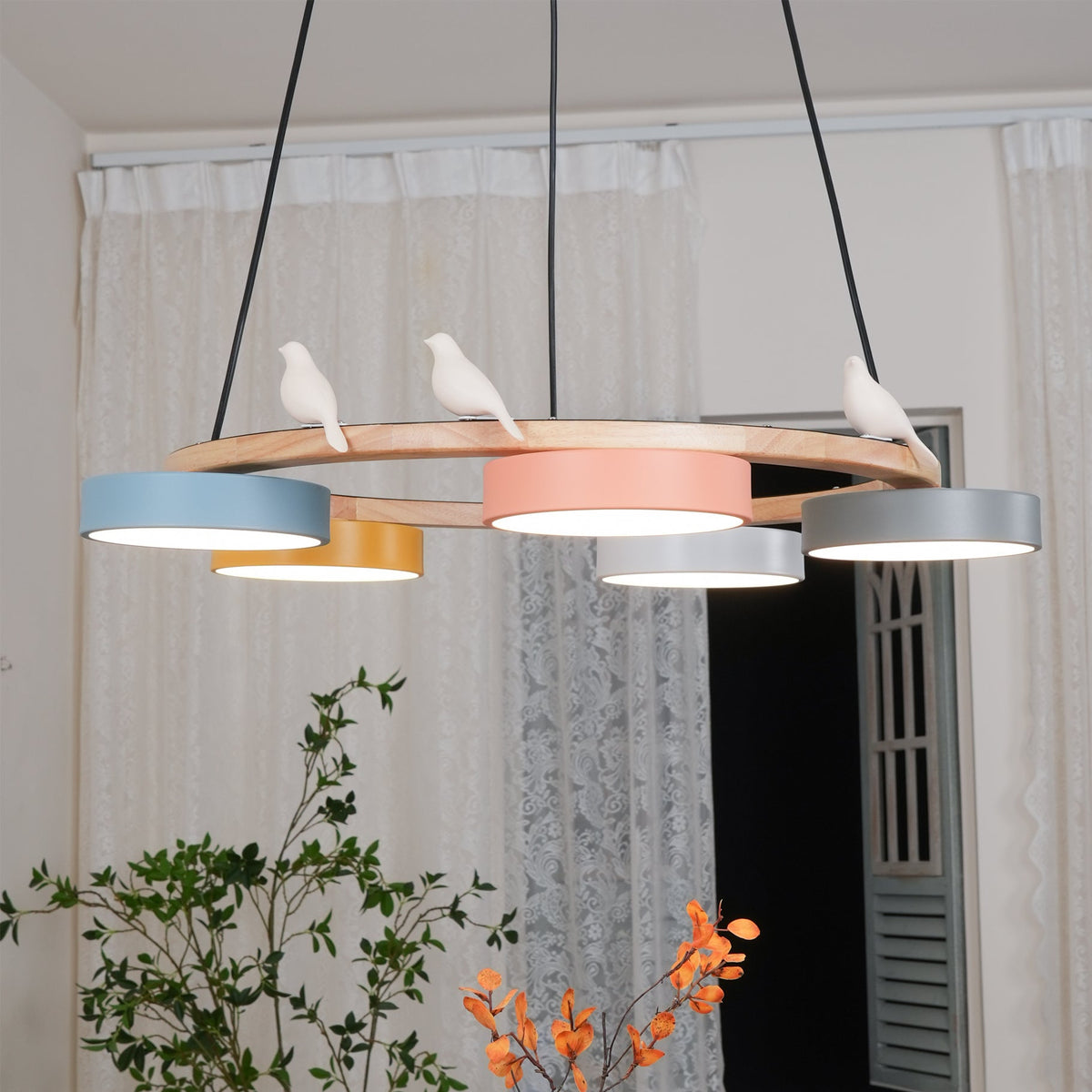 Round Wood Chandelier with Bird Figurines LED Dimmable Dining Room