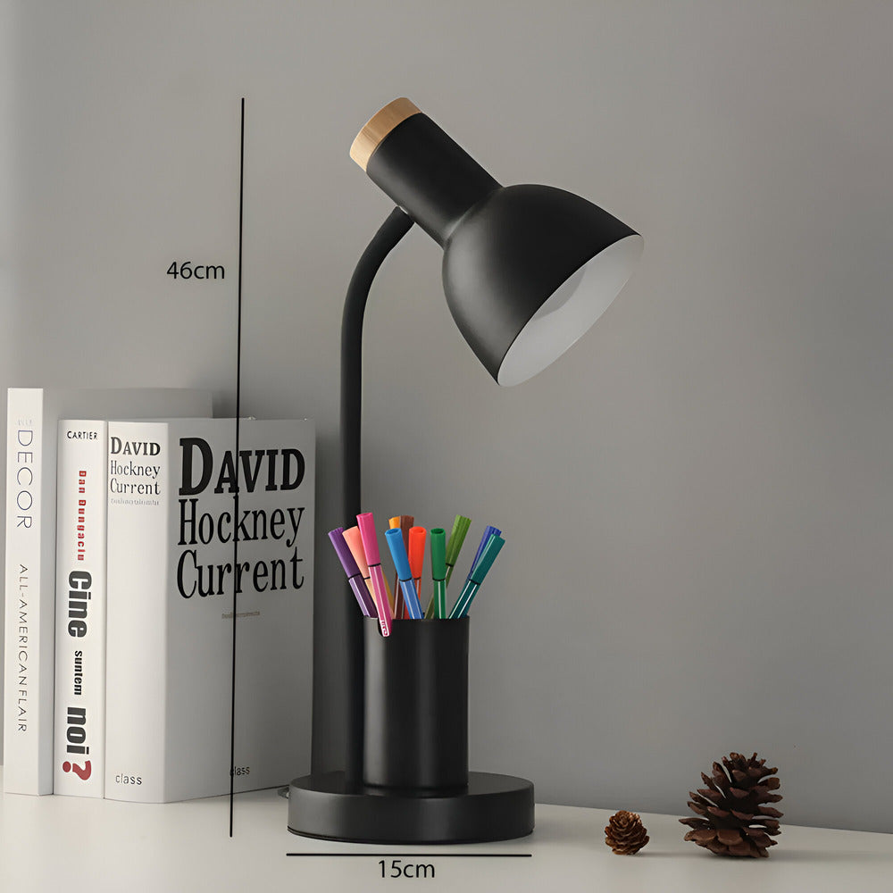 Skrivebordslampe med penholder Fleksibel arm og trædetaljer