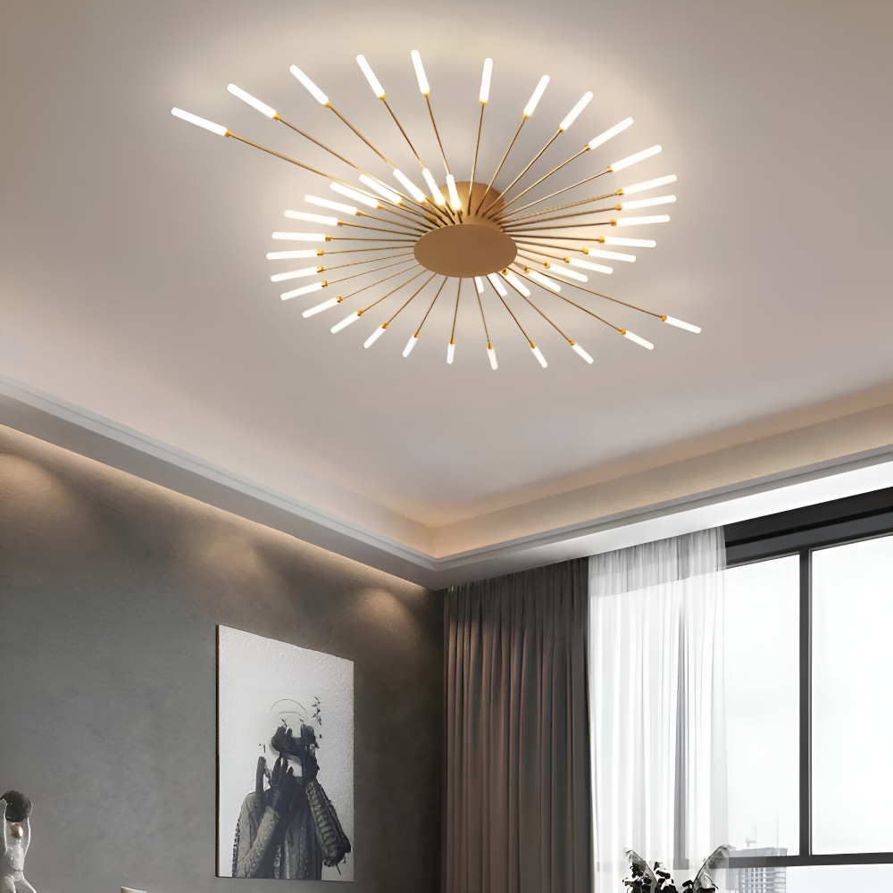 Starburst loftlampe med radiale metalstænger med lysende kapselspidser