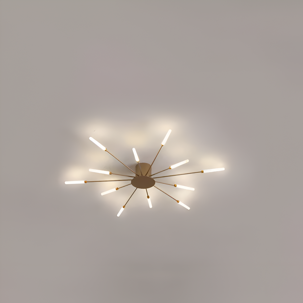 Starburst loftlampe med radiale metalstænger med lysende kapselspidser