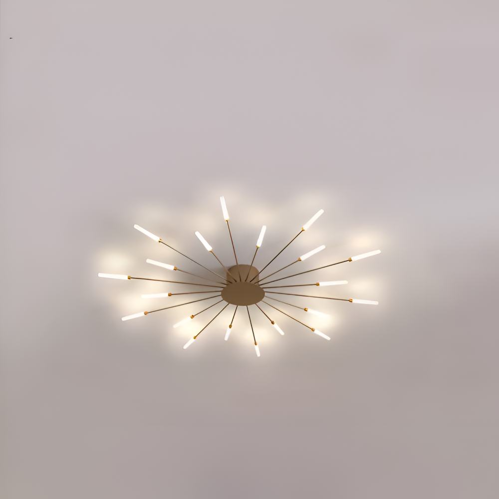 Starburst loftlampe med radiale metalstænger med lysende kapselspidser