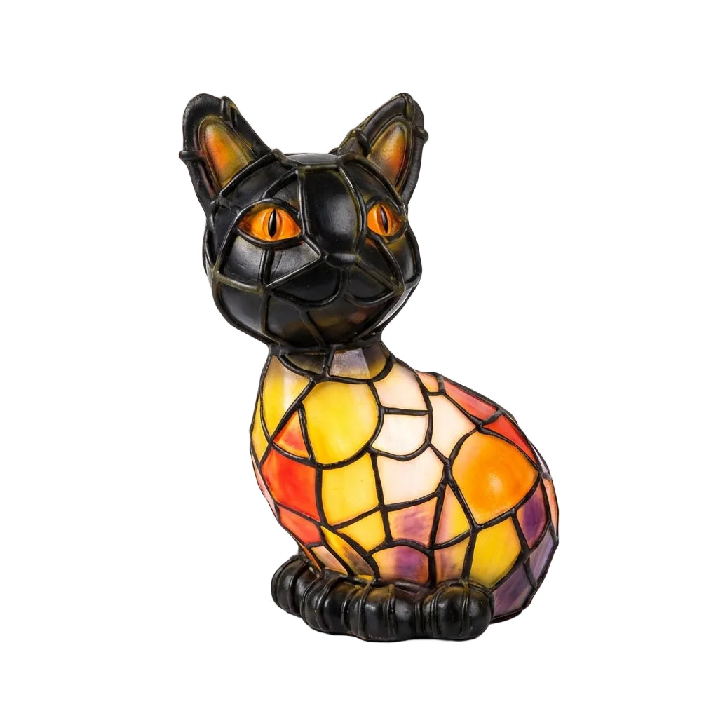 Tiffany bordlampe med kattefigur i farvet mosaikglas i vintagestil til stue eller soveværelse