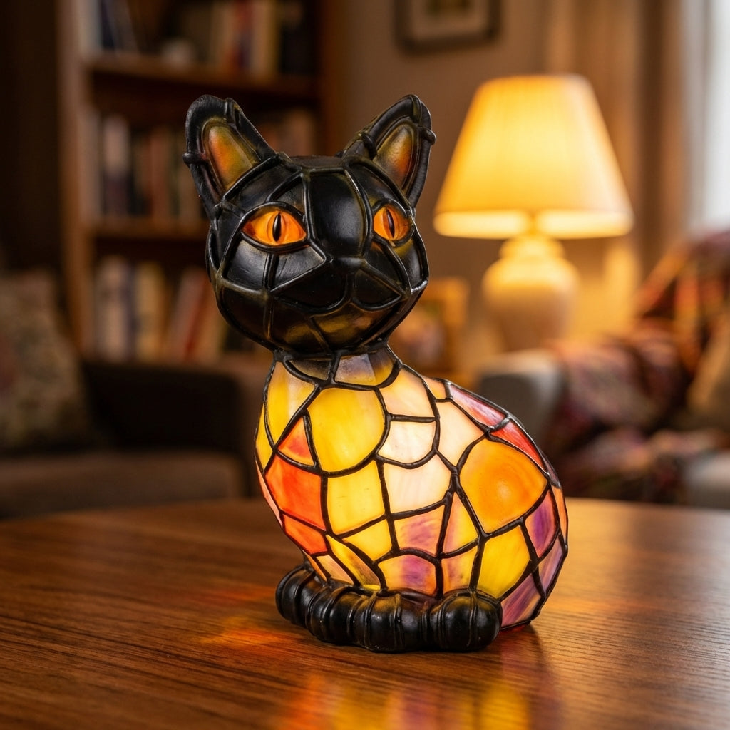 Tiffany bordlampe med kattefigur i farvet mosaikglas i vintagestil til stue eller soveværelse