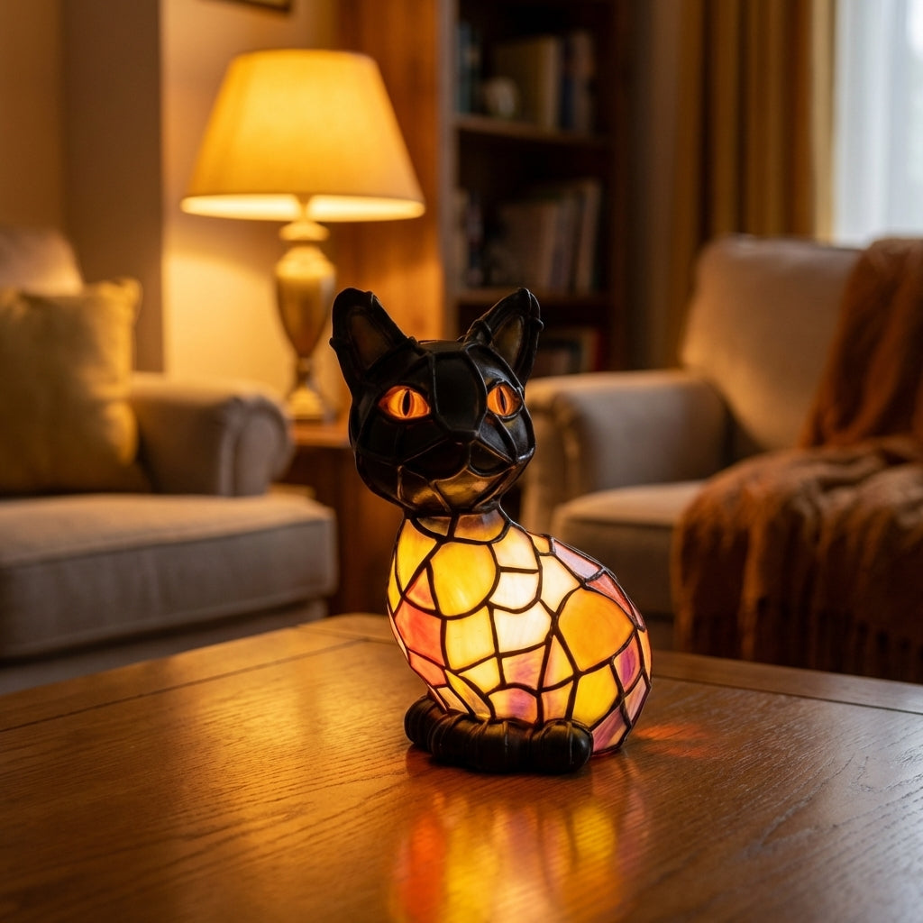 Tiffany bordlampe med kattefigur i farvet mosaikglas i vintagestil til stue eller soveværelse