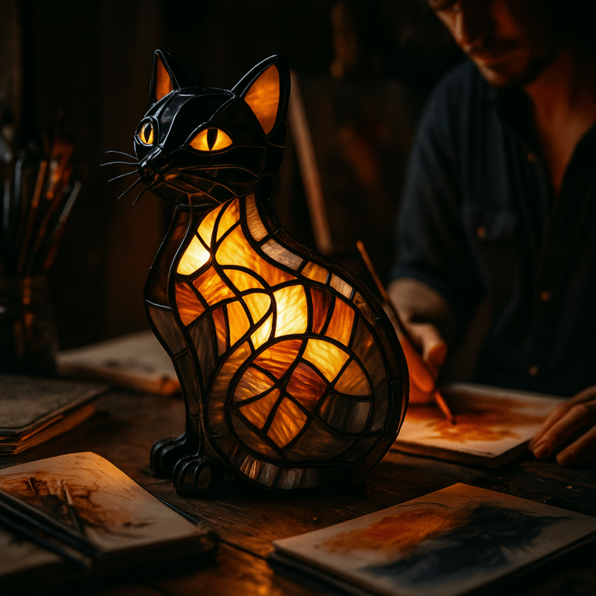Tiffany bordlampe med kattefigur i farvet mosaikglas i vintagestil til stue eller soveværelse