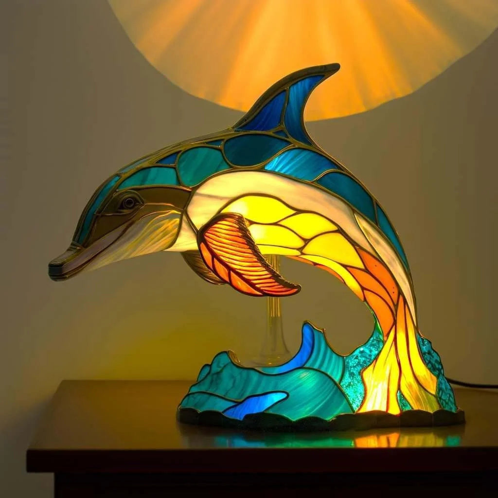 Tiffany stil mosaikglasfigur med dekorativ skulpturel bordlampe