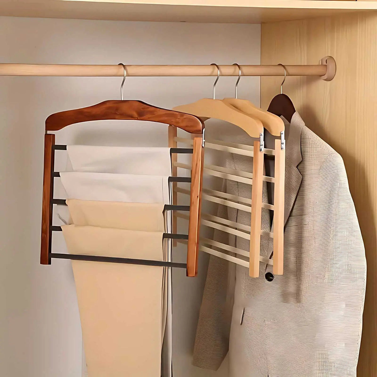 Wooden Pants Hanger Multi Tier with Non Slip Bars for Closets