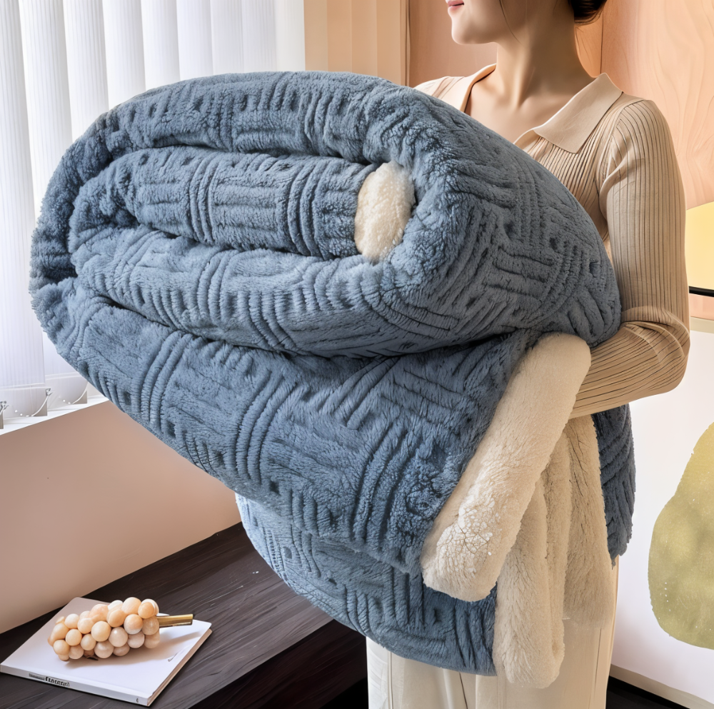 Reversible sofa blanket with embossed pattern and sherpa lining