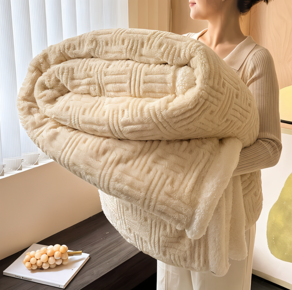 Reversible sofa blanket with embossed pattern and sherpa lining