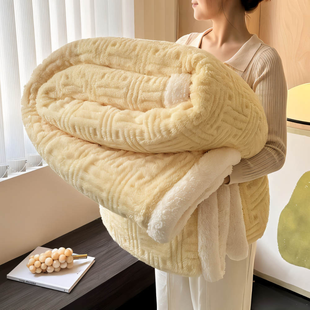 Reversible sofa blanket with embossed pattern and sherpa lining