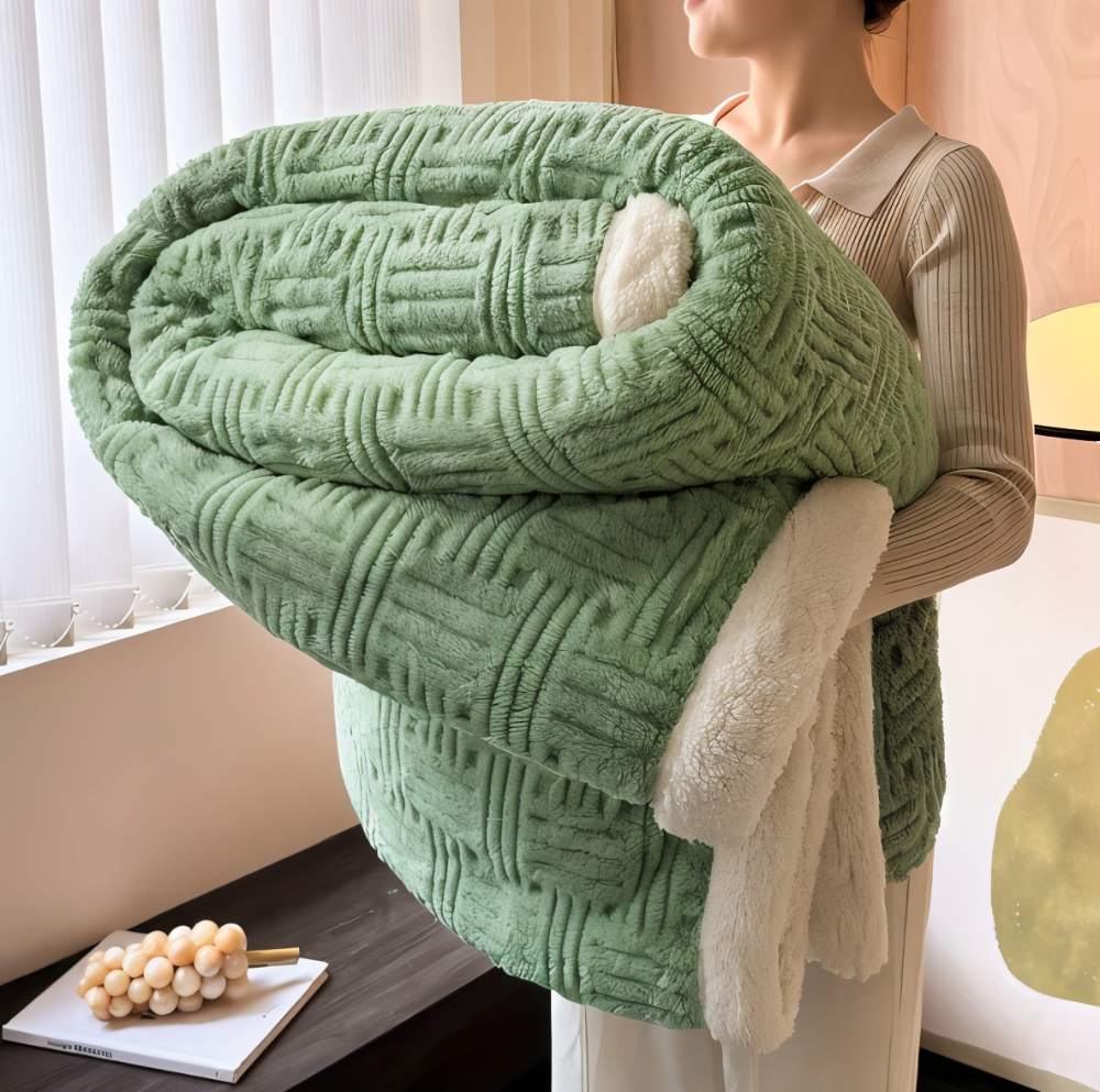 Reversible sofa blanket with embossed pattern and sherpa lining