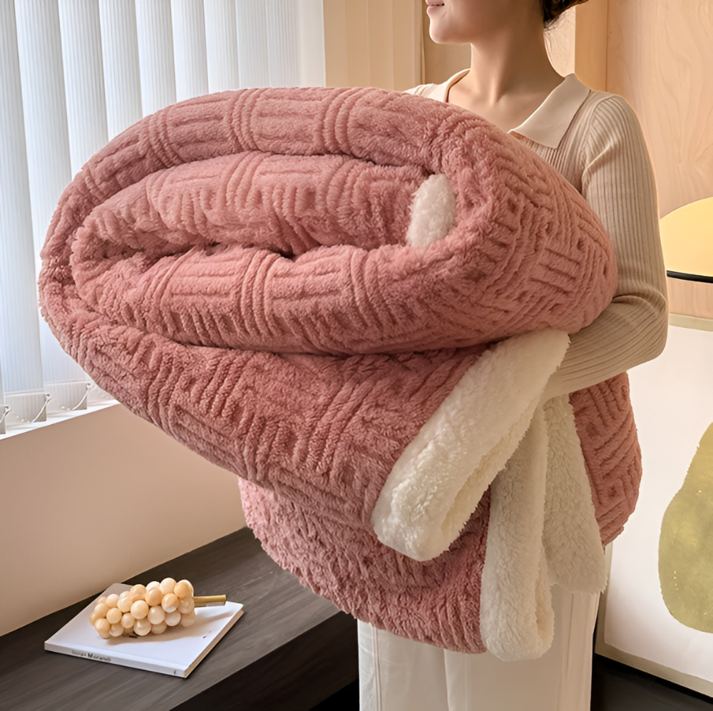 Reversible sofa blanket with embossed pattern and sherpa lining