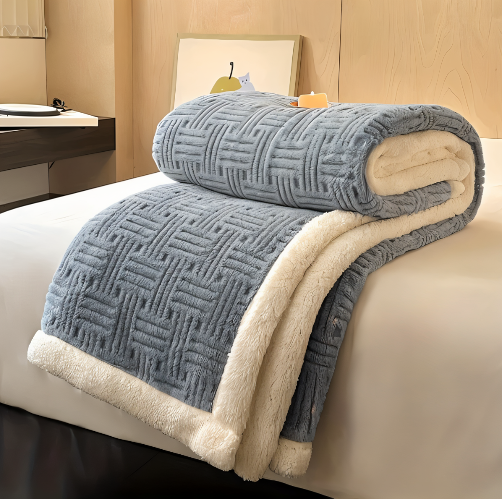 Reversible sofa blanket with embossed pattern and sherpa lining
