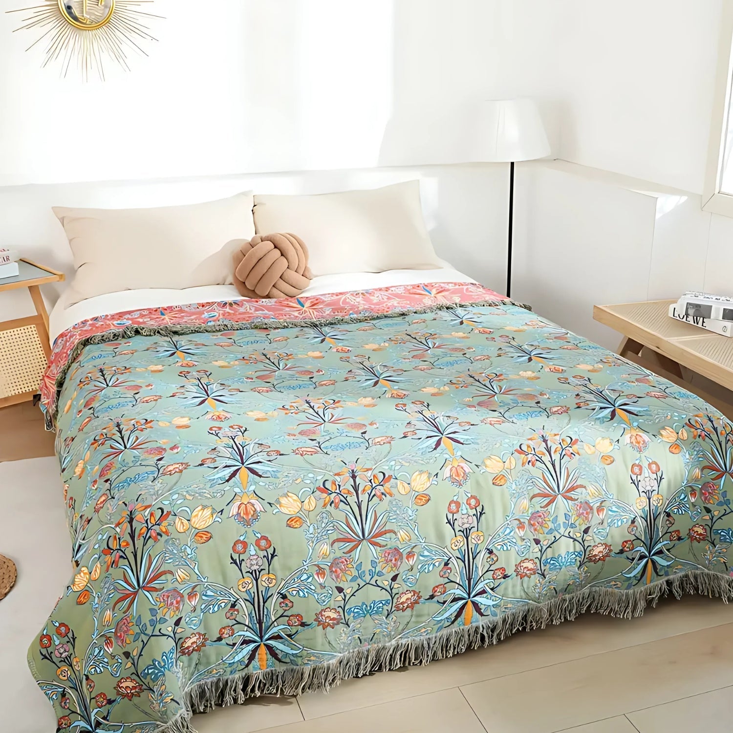 Cotton Bedspread Throw Heavyweight Jacquard Floral Fringed