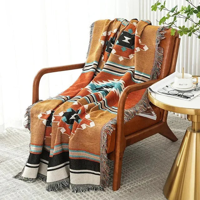 Boho Woven Throw Blanket with Braided Fringe for Couch