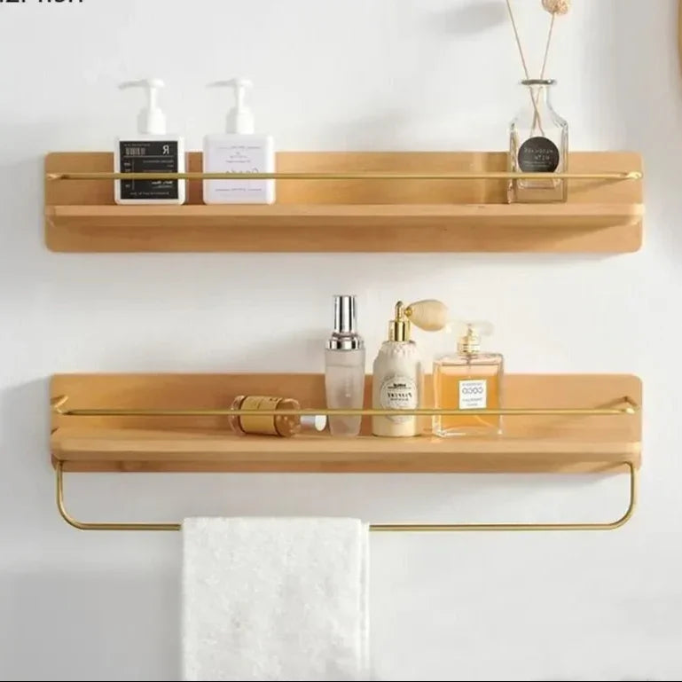 Bamboo Bathroom Shelf Wall Mounted with Metal Guard Rail
