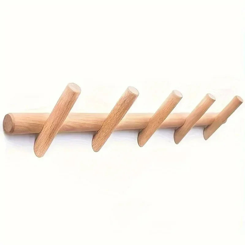 Oak Peg Rail Coat Rack with Angled Hooks, Wall Mounted