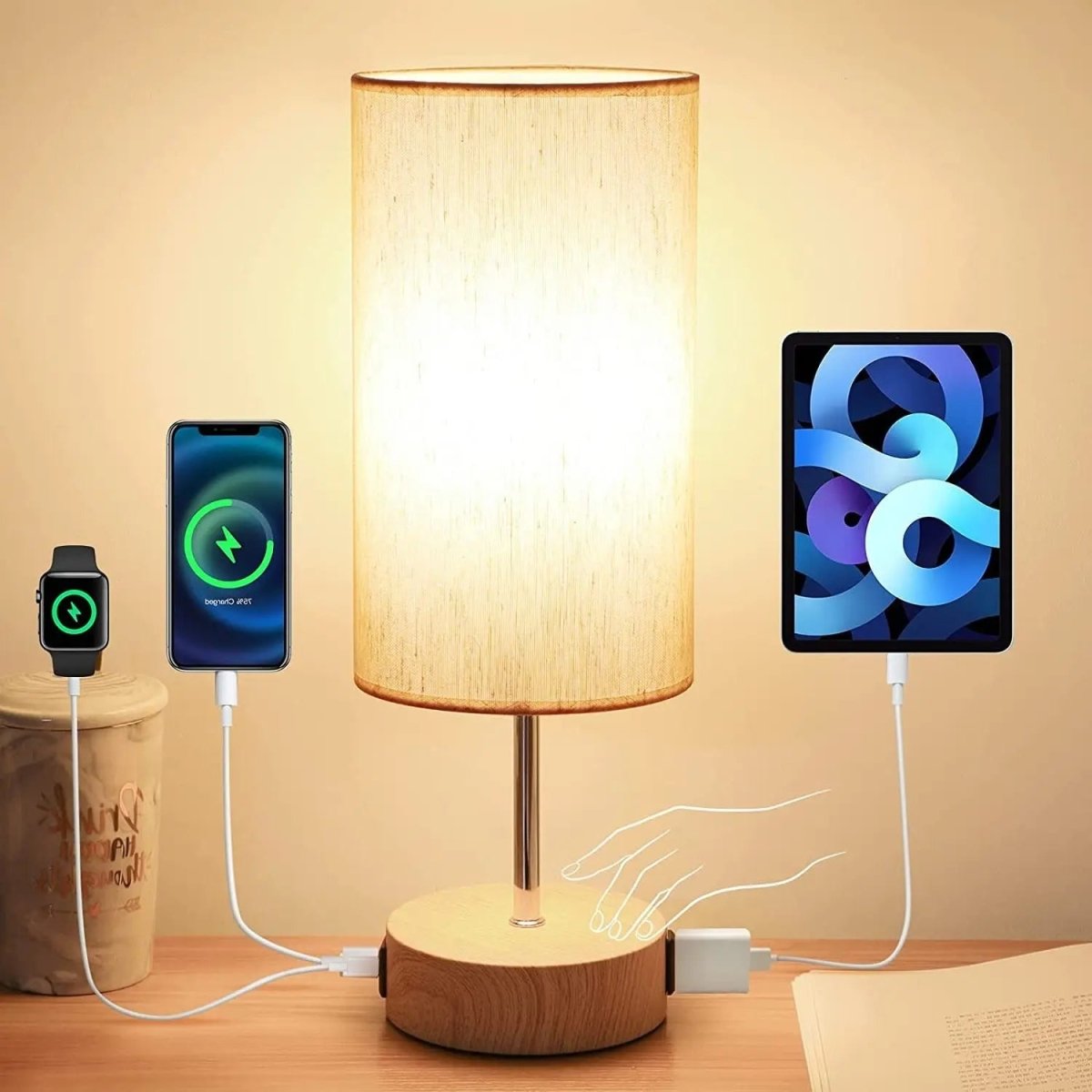Bedside Table Lamp Touch Dimmable with USB C Ports and AC Outlet