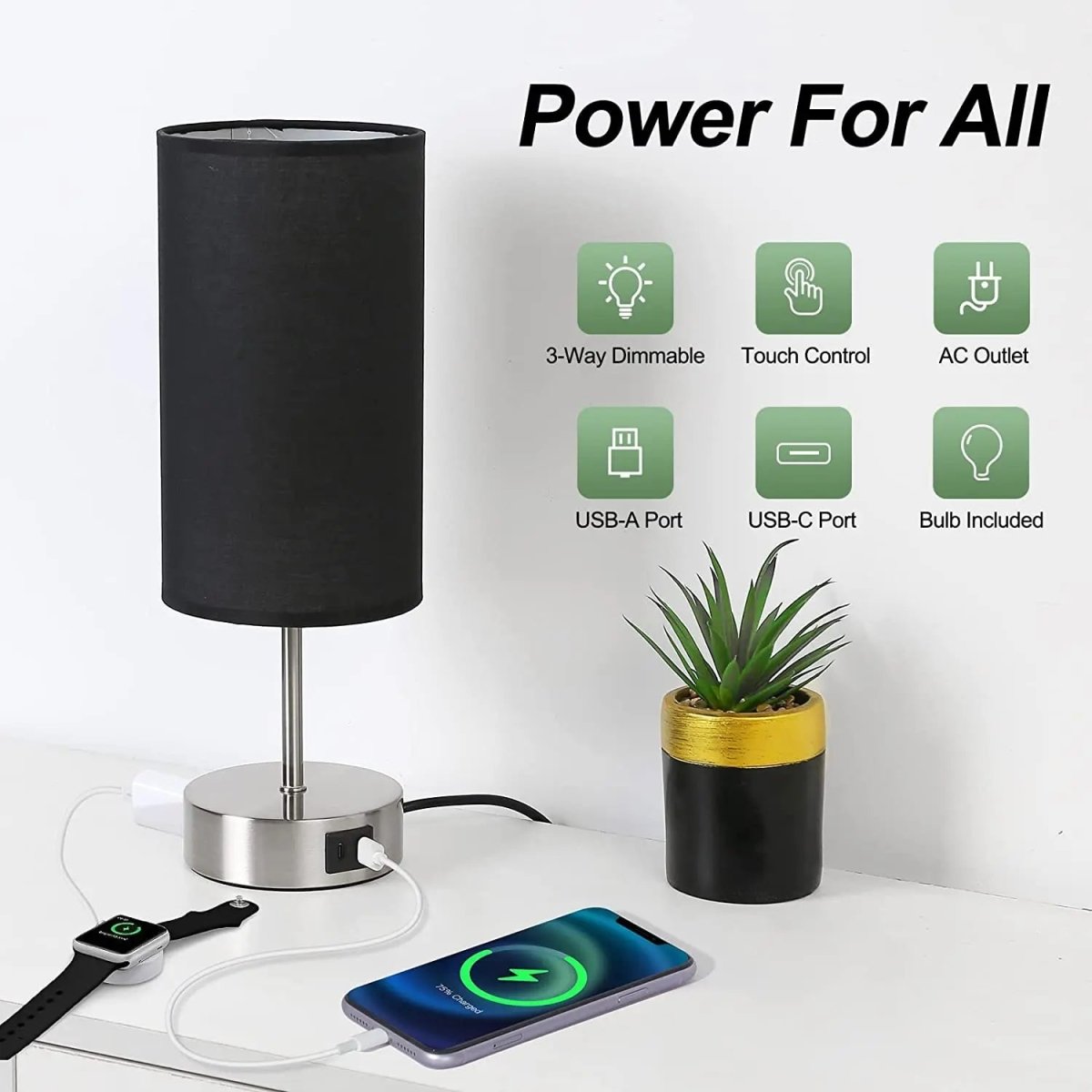 Bedside Table Lamp Touch Dimmable with USB C Ports and AC Outlet