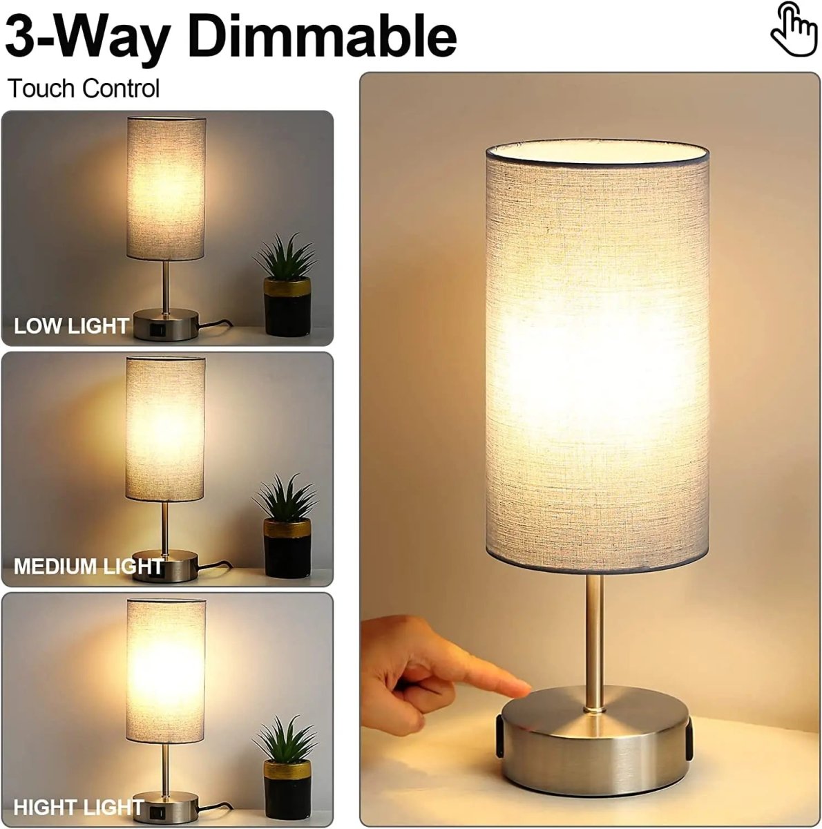 Bedside Table Lamp Touch Dimmable with USB C Ports and AC Outlet