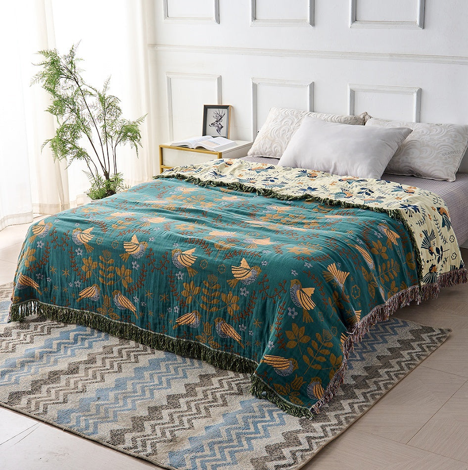 Cotton Throw Blanket Scandinavian Bird Print Fringed