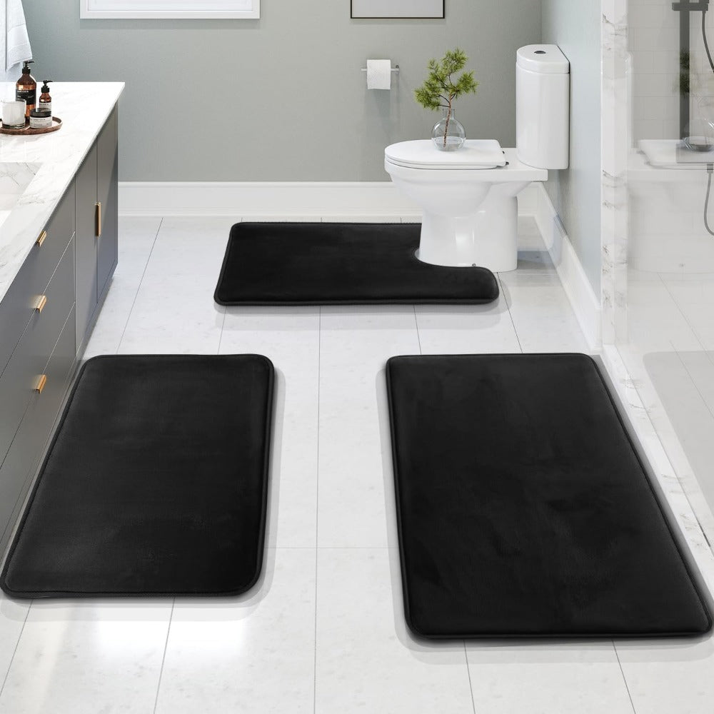 Velvet Memory Foam Bath Mat Set 3 Piece with Contour Toilet Rug