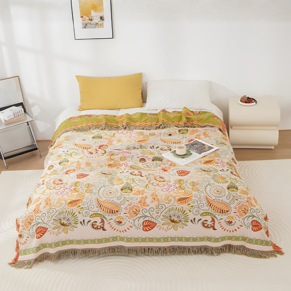 Muslin Throw Blanket Reversible Leaf Print Tasseled