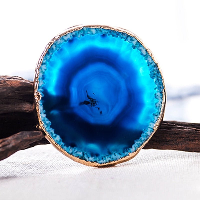 Agate Coasters Set of 2 Blue Natural Stone with Gold Edge for Coffee Table