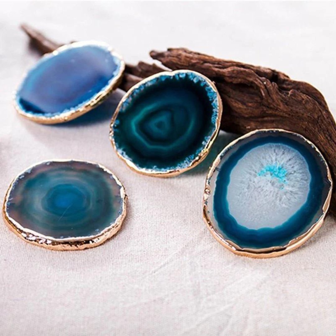 Agate Coasters Set of 2 Blue Natural Stone with Gold Edge for Coffee Table