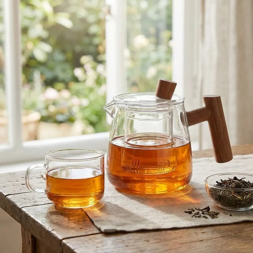 Borosilicate Glass Teapot with Infuser and Wood Handle