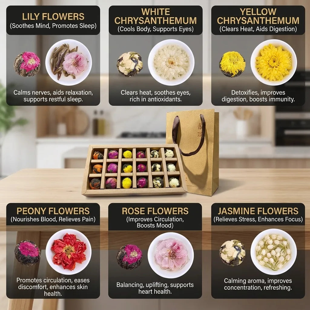 Blooming Tea Balls Pu-erh with Dried Flowers 18 Piece Gift Box