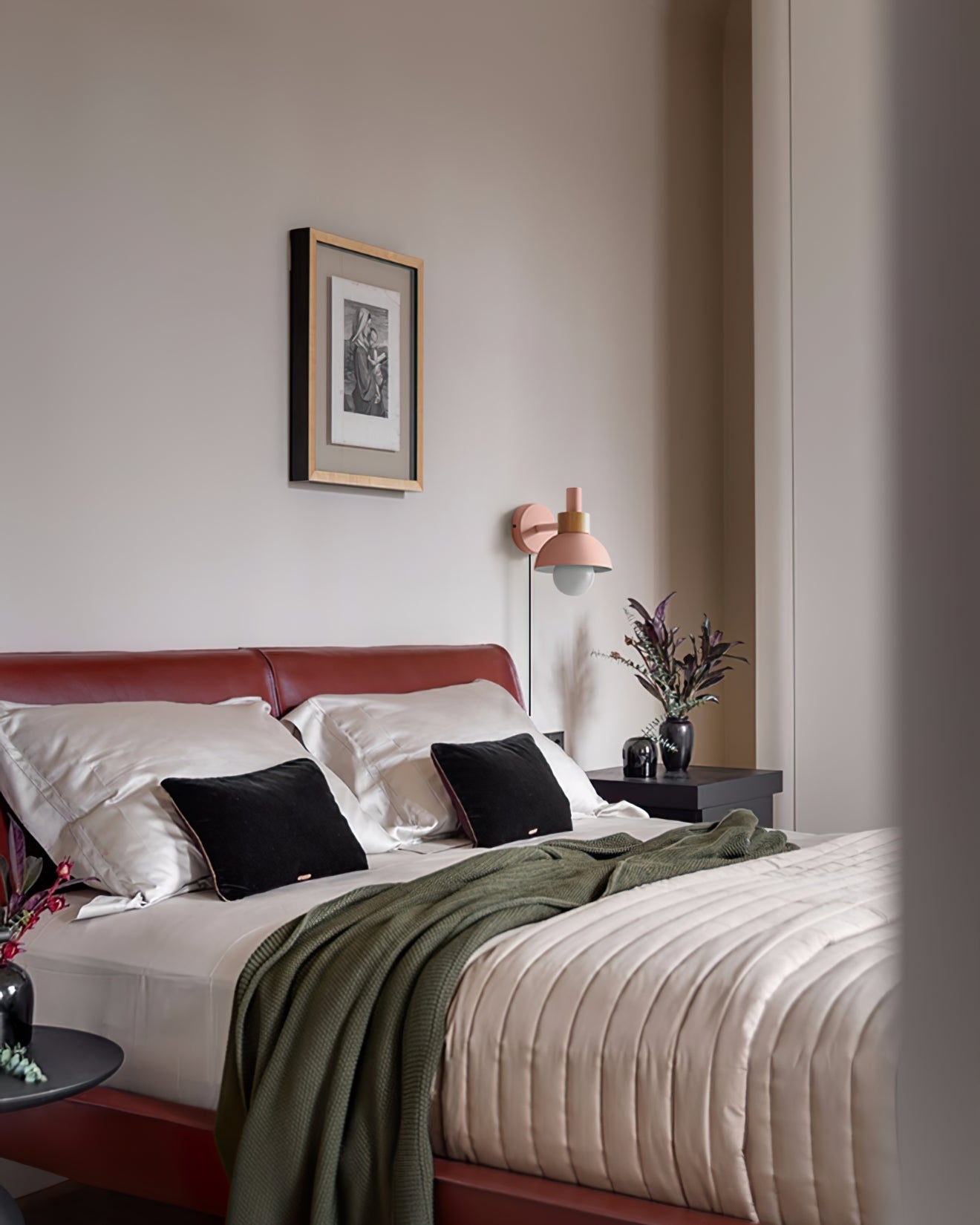 Plug In Wall Sconce with Wood Accent Push Button Switch Bedside Reading