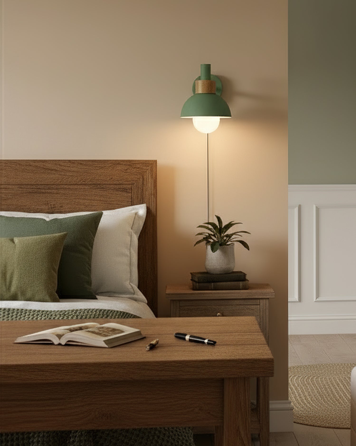 Plug In Wall Sconce with Wood Accent Push Button Switch Bedside Reading