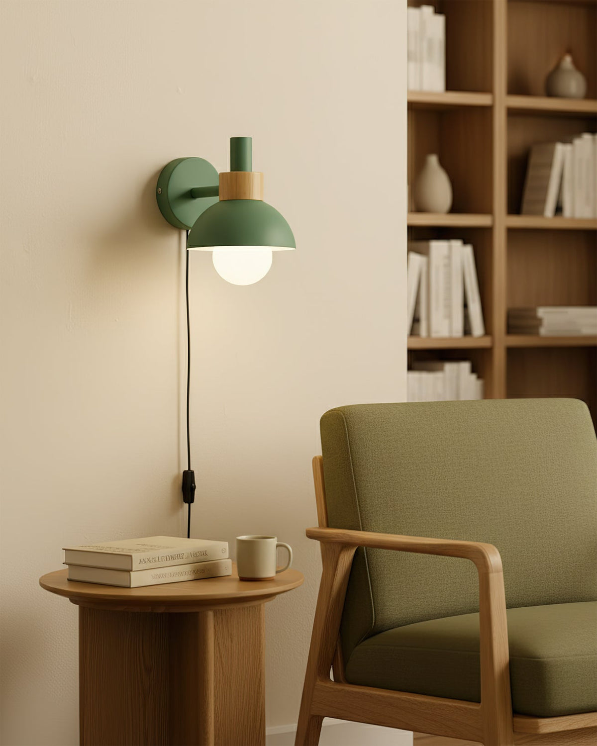 Plug In Wall Sconce with Wood Accent Push Button Switch Bedside Reading