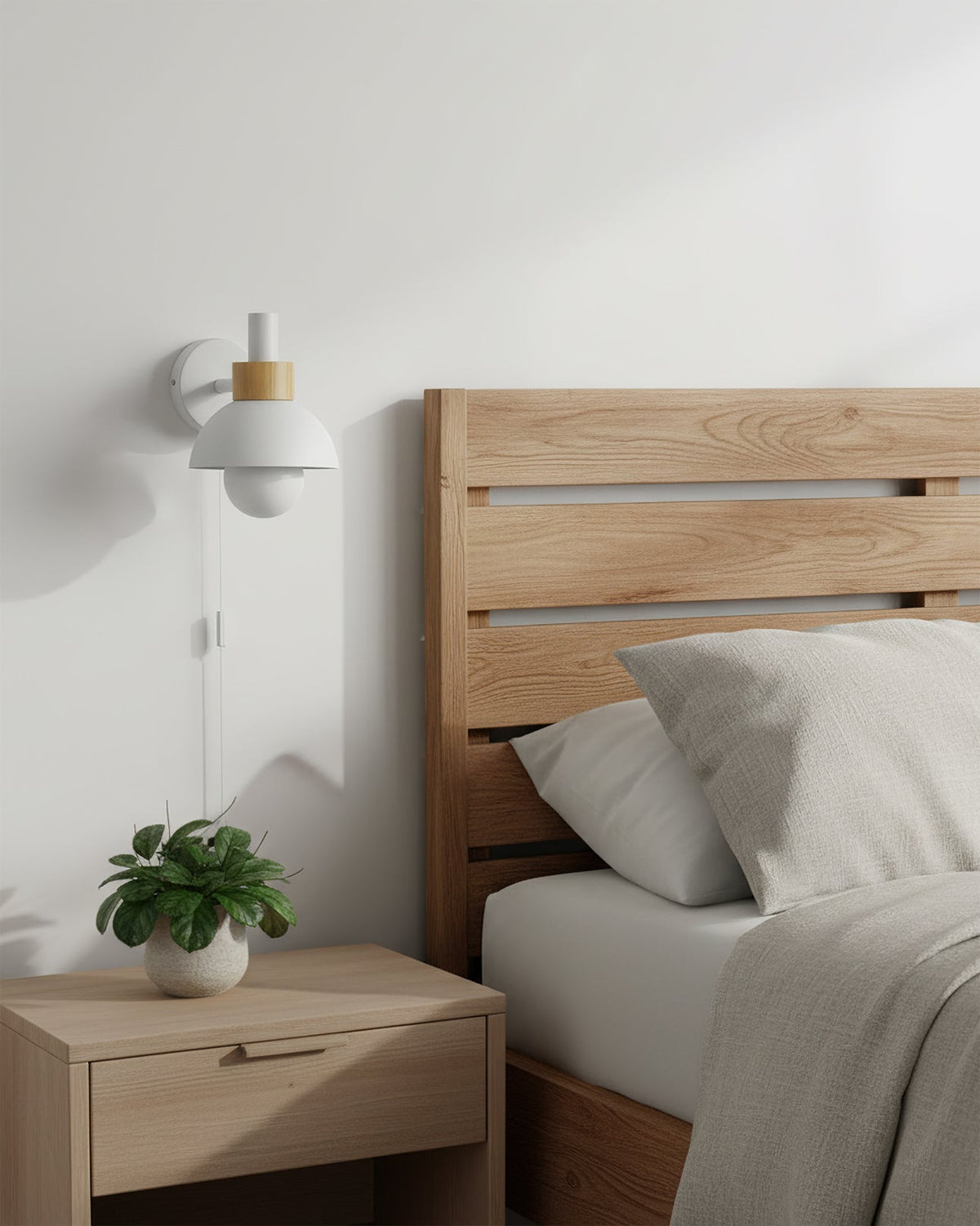 Plug In Wall Sconce with Wood Accent Push Button Switch Bedside Reading