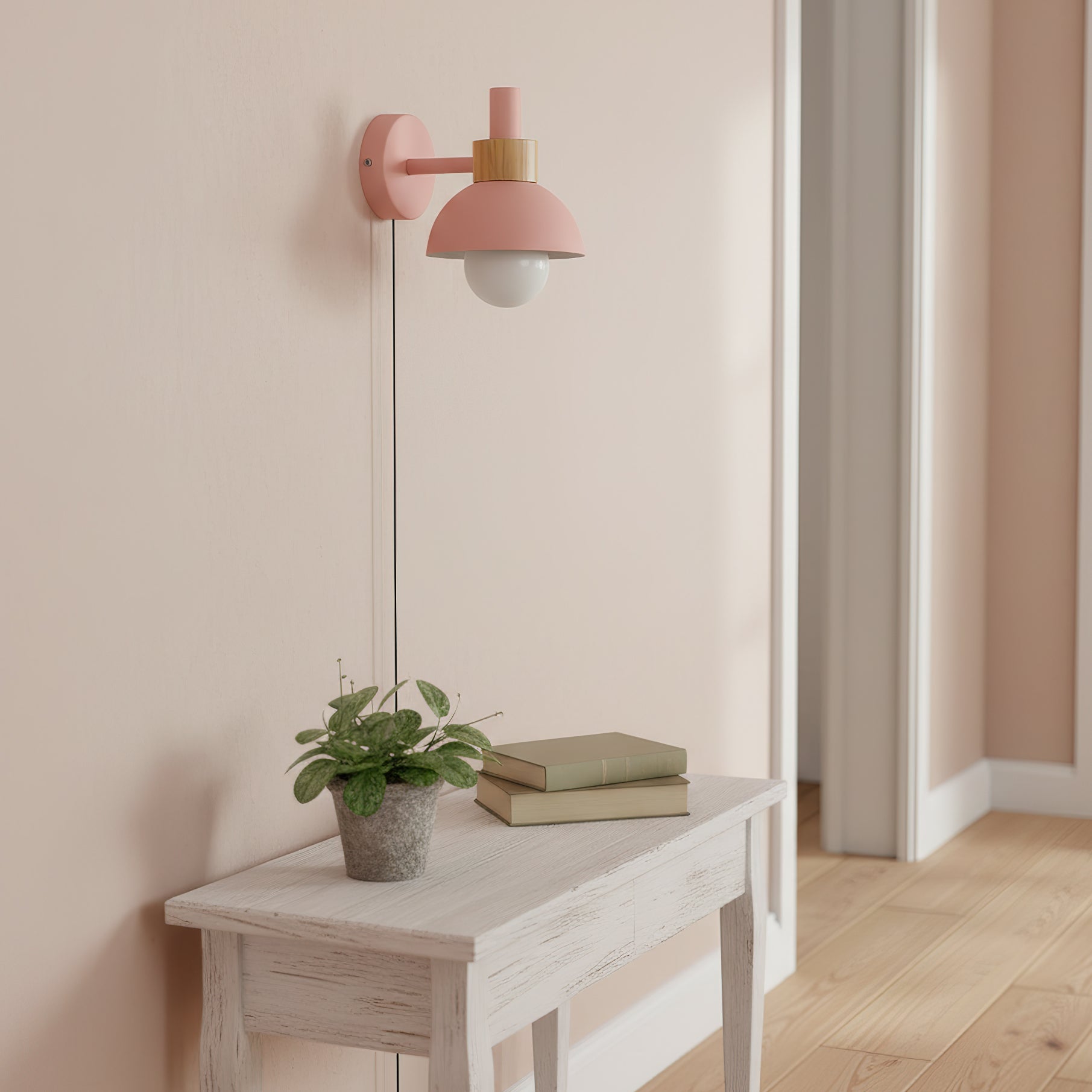 Plug In Wall Sconce with Wood Accent Push Button Switch Bedside Reading