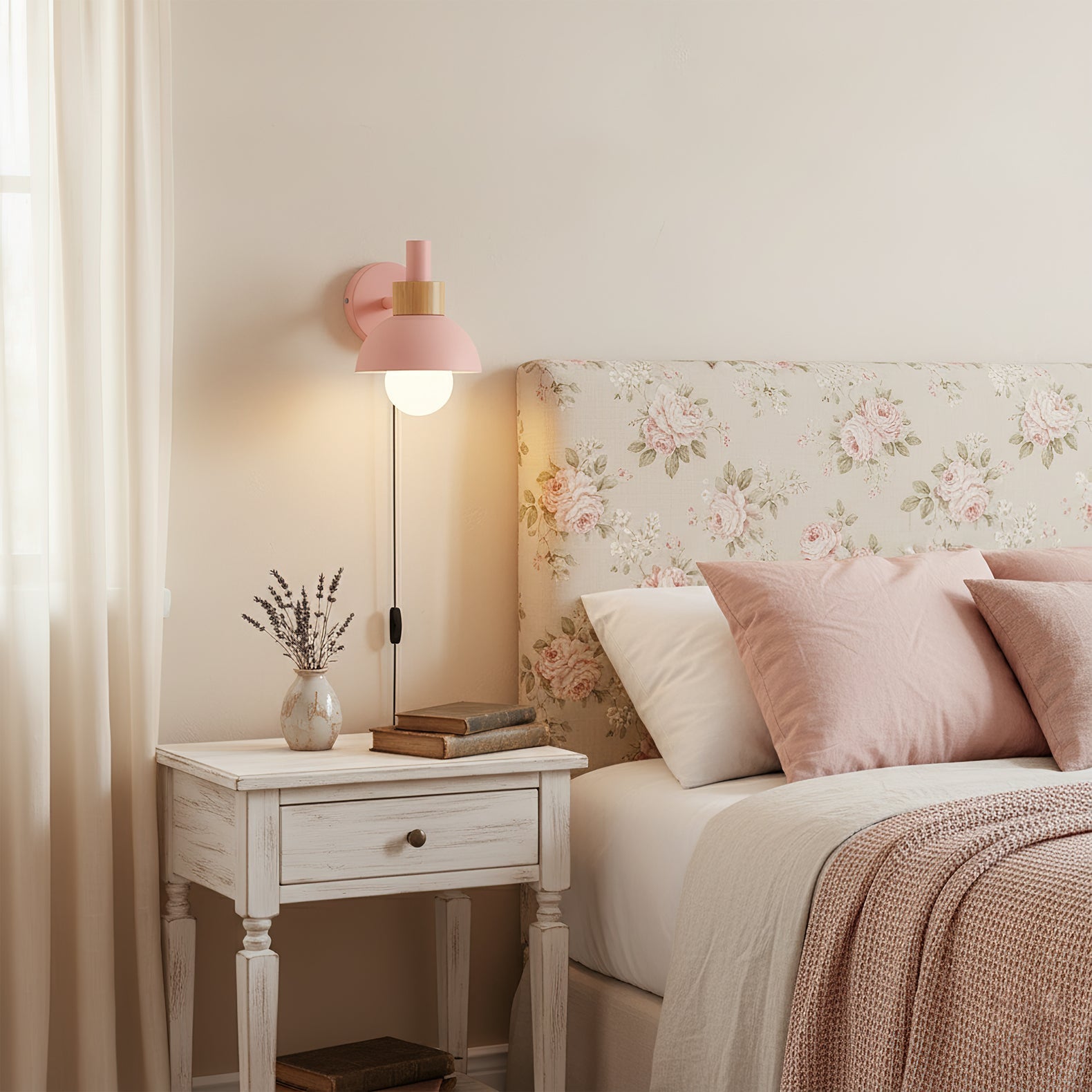 Plug In Wall Sconce with Wood Accent Push Button Switch Bedside Reading