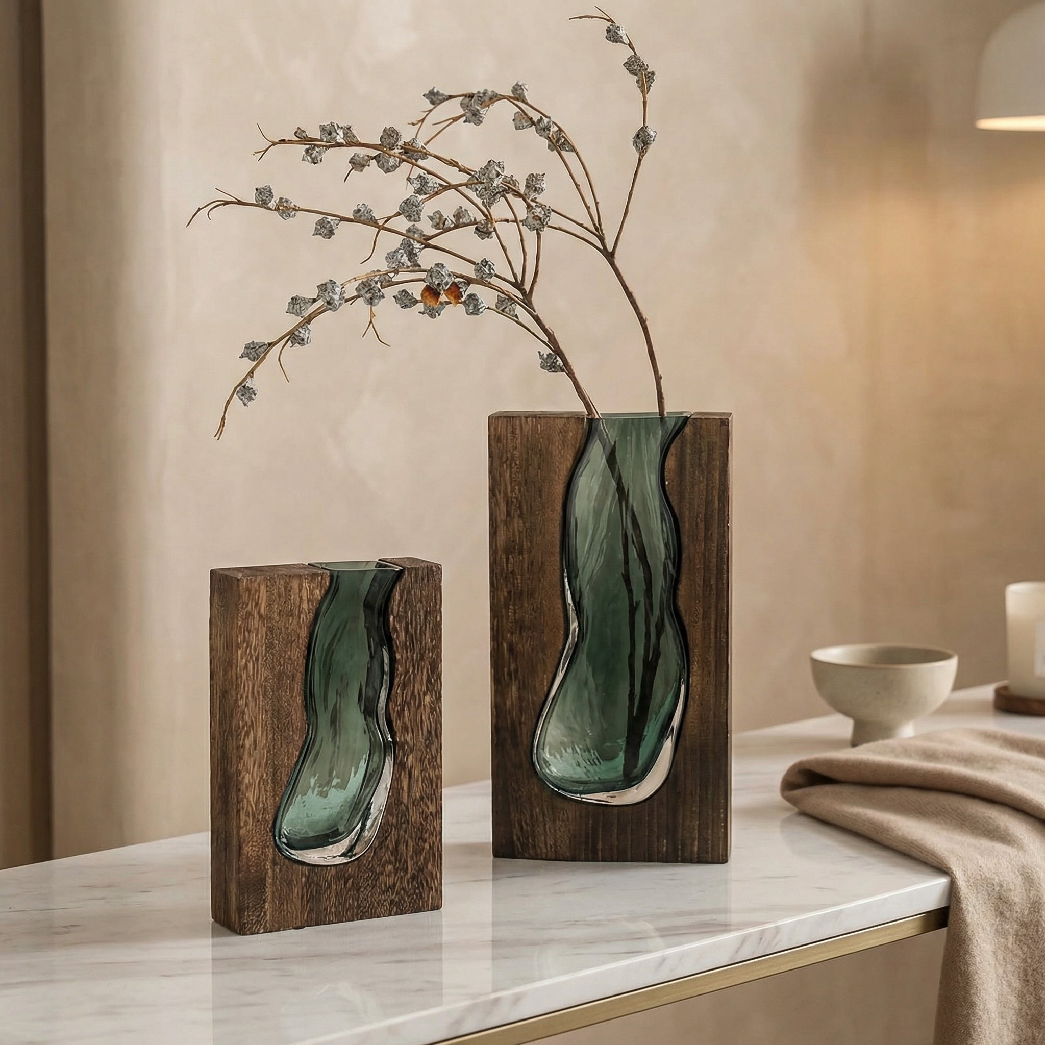 Live Edge Wood and Glass Vase Nordic Bud Vase for Table Centerpiece