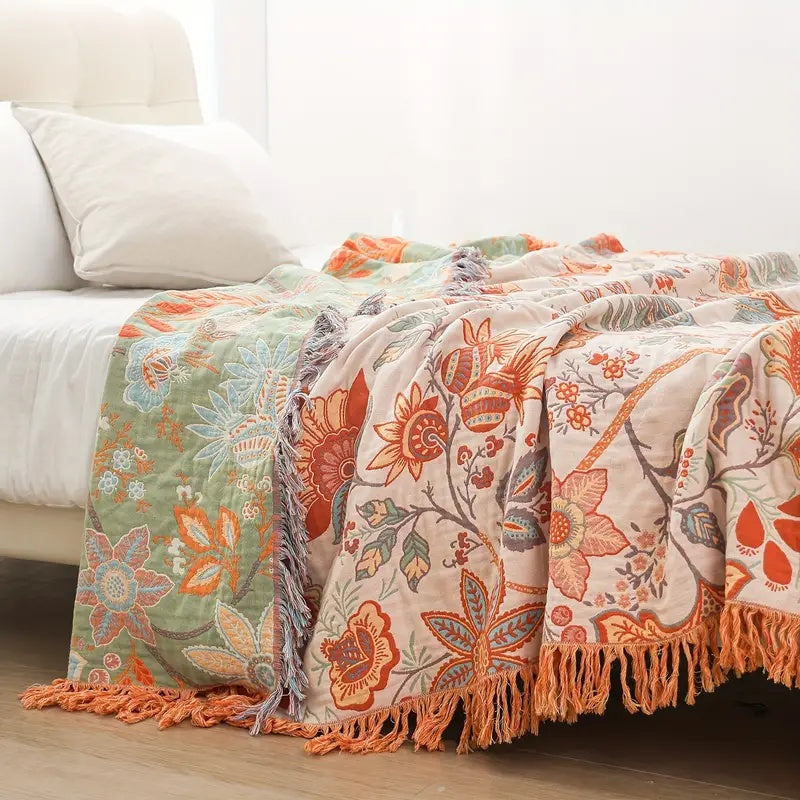 Boho Throw Blanket Cotton Floral Print with Tassels