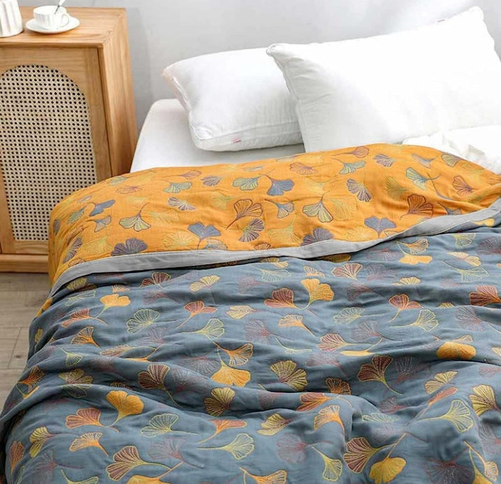 Cotton Quilt Throw Ginkgo Leaf Print Reversible
