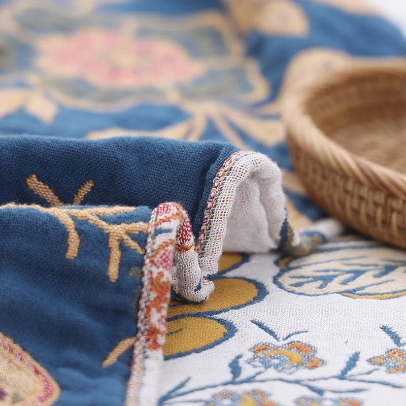 Jacquard Throw Blanket Reversible Cotton Floral Fringed