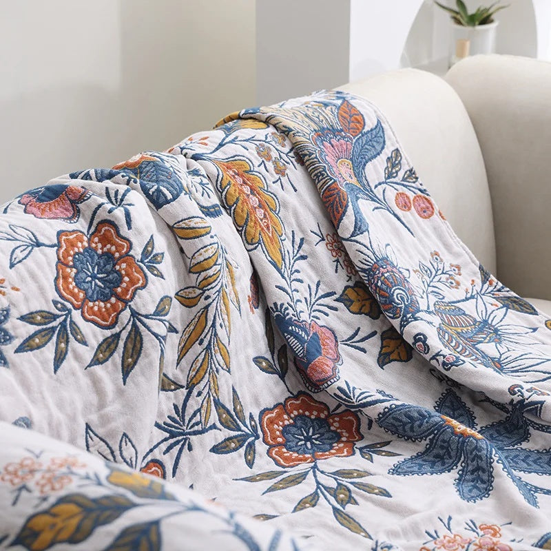 Jacquard Throw Blanket Reversible Cotton Floral Fringed