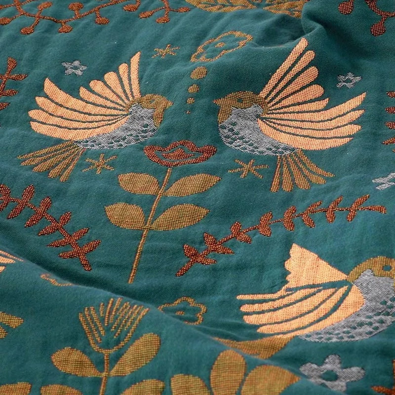 Cotton Throw Blanket Scandinavian Bird Print Fringed