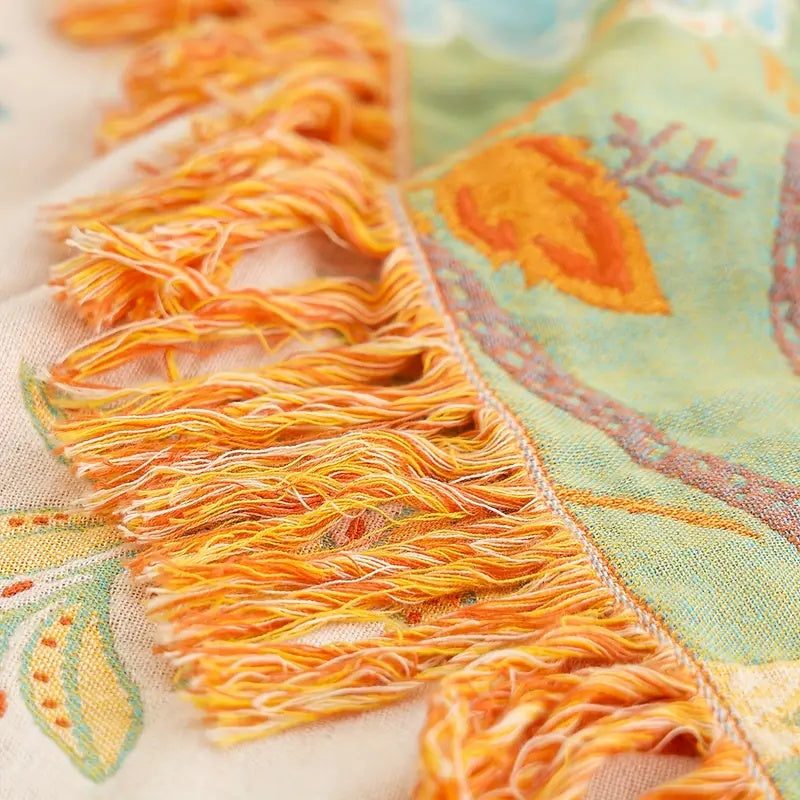 Boho Throw Blanket Cotton Floral Print with Tassels