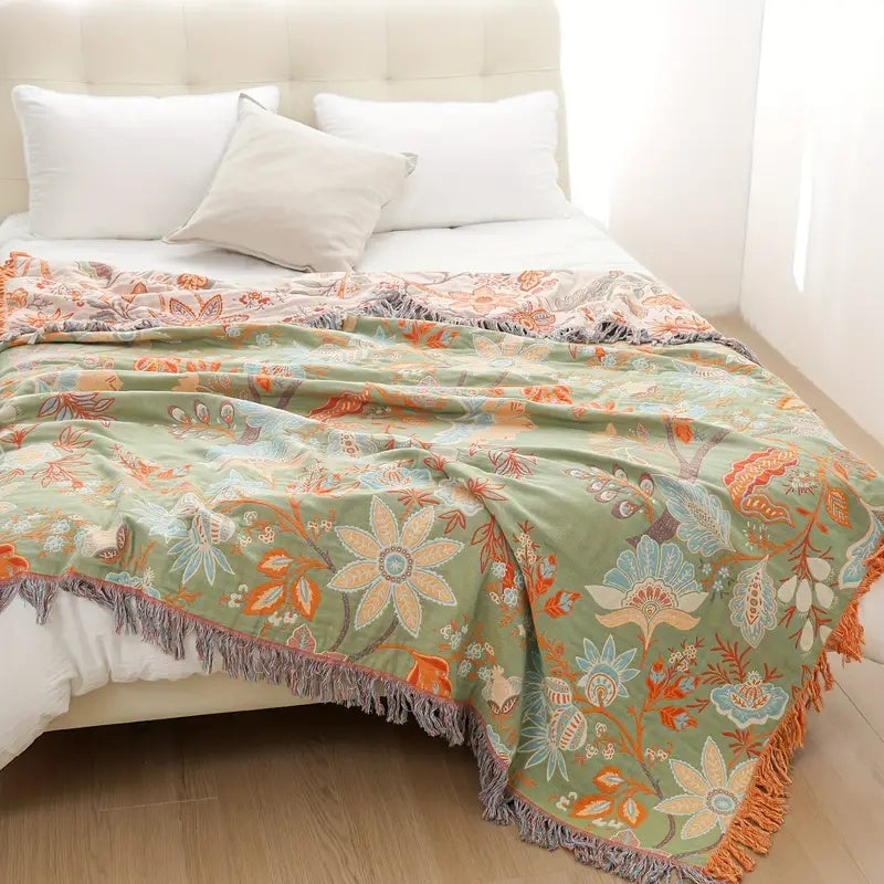 Boho Throw Blanket Cotton Floral Print with Tassels